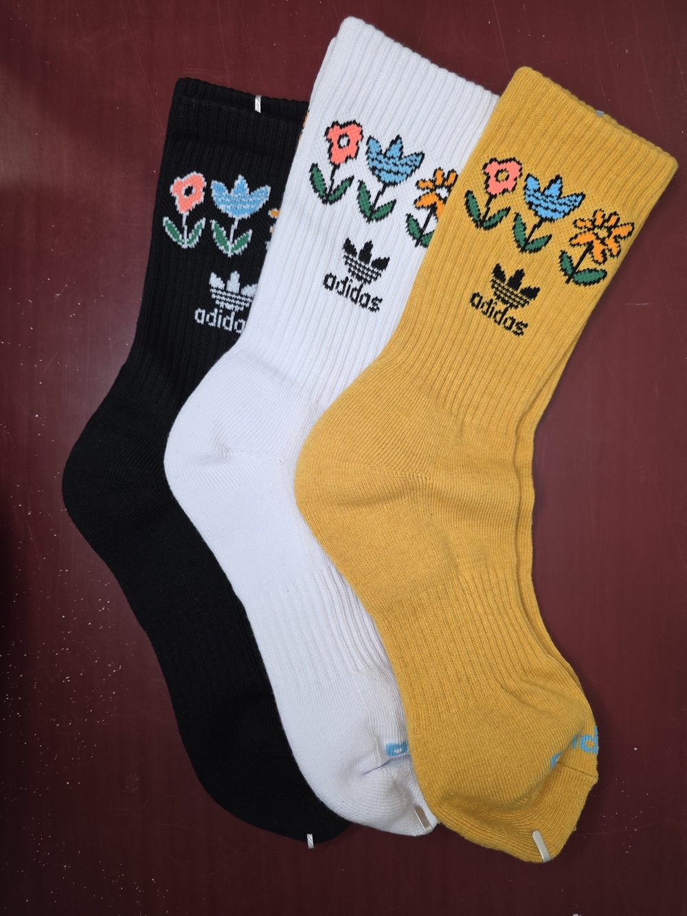 adidas Floral Crew Socks - Black, White, Mustard